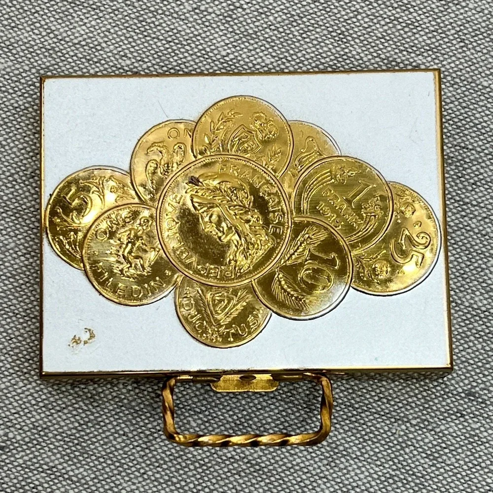 Vintage Foreign European Gold Coin Design‎ Silver Rectangle Compact Case